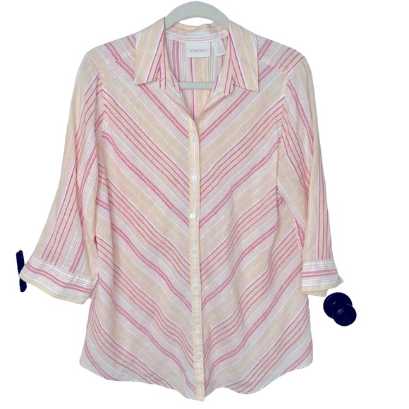 Chico's Tops - Chico’s Peach Red Yellow Diagonal Stripe No Iron Linen Tunic Top M